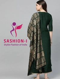 Hunter Green Gotta Chanderi Kurta Set with Festive Traditional Stole - Bottle Green
